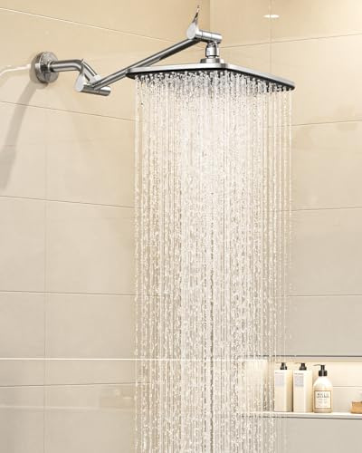 Veken 11.8 Rain Shower Head, Rectangular Rainfall Showerhead with 11 Stainless Steel Exension Arm, Height & Angle Decor Adjustable, High Pressure Shower Heads, Bathroom Accessories, Chrome