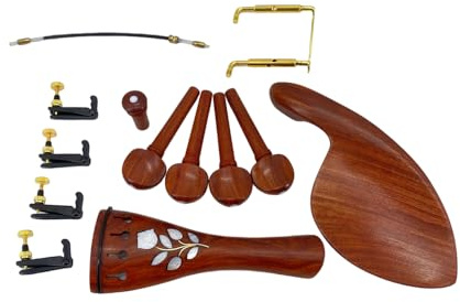 Yinfente Kit de pièces pour violon 4/4 - Accessoires pour violon pleine taille - Cheville en séquoia naturel - Cordier - Accordeur fin, menton, pince d'extrémité (4/4-séquoia)