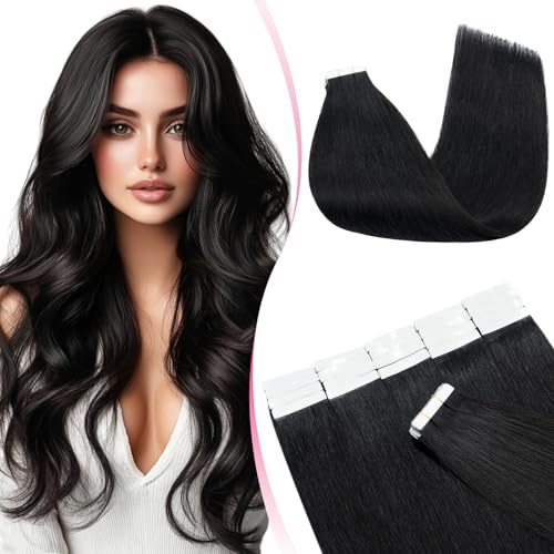 MY-LADY Tape Extensions Echthaar 20pcs 50 cm Schwarz Remy Invisible Haar Tape In Haarverlängerung Natürlich 50g 20 Zoll #01 Glattes Echthaar Skin Weft Tape