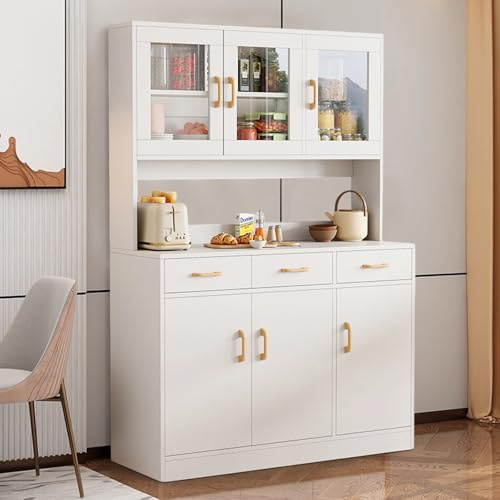 TWSOUL Küchenschrank, 170cm Buffetschrank, Vitrinenschrank mit Arbeitsplatte, Küchenbuffet mit Glastüren und 3 Schubladen, Hochschrank Küchenbuffet für Küche Esszimmer Wohnzimmer