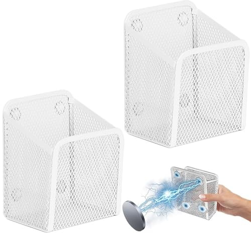 2 Stück Magnetisch Aufbewahrungskorb, Magnetischer Schreibtisch Organizer | Weiß; Metall Mesh Aufbewahrungskorb Magneten; Weiß Magnetisch; für Spind-Zubehör Whiteboard Kühlschrank