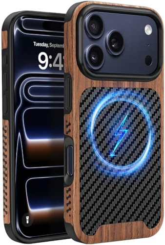 ZZDZZ Magnetisch Hülle für iPhone 17 Pro Hülle 6,3 (Schwarz) | ZZDZZ Hülle [Kompatibel mit MagSafe] Holz und Carbon Leder Design Handyhülle Stoßfest Schutzhülle