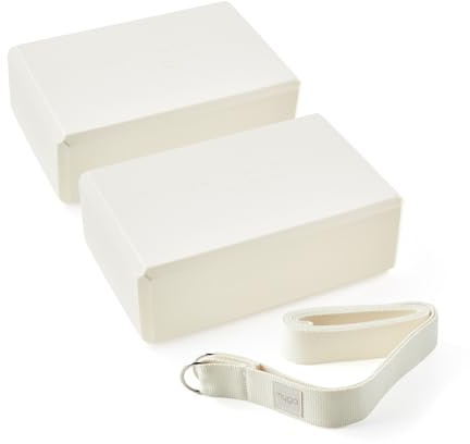 Myga Yoga Blocks & Strap Set - 2 High Density Foam Bricks and Metal D Ring Belt for Yoga, Pilates and Fitness - Support and Deepen Poses, Non-Slip and Lightweight for Home & Gym