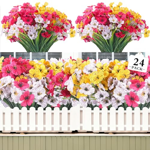 Kradeler 24 Bundles Artificial Flowers Outdoor No Fade Fake Plastic Silk Flowers Faux UV Resistant Plants Garden Porch Window Box Decorating (White Rose Yellow)