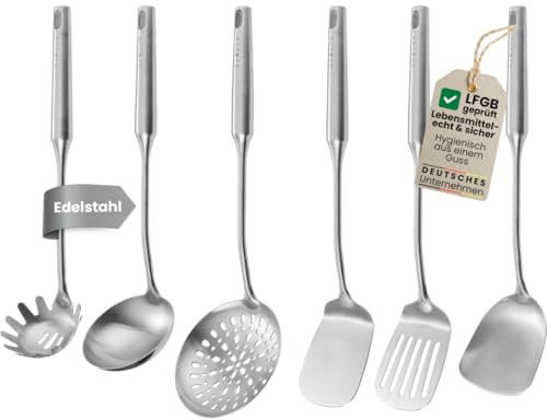 KIMIJO Juego de 6 utensilios de cocina de acero inoxidable – Utensilios de cocina de alta calidad para wok y cocina – Espumadera, espátula, espátula de pescado, cucharón, cuchara para espagueti y