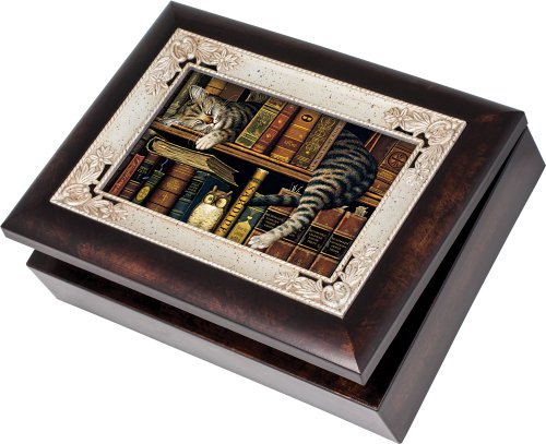 Spieluhr, Katze, ruht auf Bücherregal, Wurzelholz mit silberfarbener Einlage, italienischer Stil