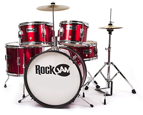 RockJam RJ105-MR Complete 5-Piece Junior Drum Set with Cymbals, Drumsticks, Adjustable Throne and Accessories - Red