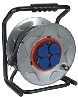 Perel Professionelle Kabeltrommel, spritzwassergeschützt (IP44), 4 Schutzkontakt-Steckdosen, Anti-Twist, Überhitzungsschutz, Kabellänge 40 m, 3G2.5, Grau/Schwarz