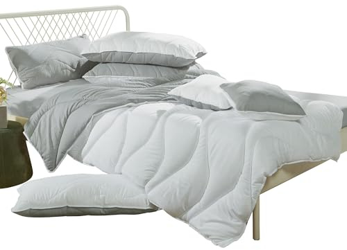 Erwin Müller Bettdecke, Steppbett, Reisebett-Decke Amper Wärmestufe 2 weiß/grau Größe 135x200 cm - Microfaserbezug, Sommerseite und Winterseite, silikonisierte Hohlfaserfüllung, pflegeleicht