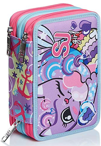 SJ GANG Federmäppchen, Mäppchen, mehrfarbig, Federtasche für Schreibwaren, Etui mit Stiften, Kugelschreiber, & mehr, Kinder, Mädchen & Jungen, Grundschule, 3 Fächer; SJ-Muster fuchsienrot