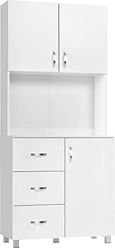 HOMCOM Credenza da Cucina e Soggiorno, Credenza Moderna in Legno Bianco, 2 Armadietti, Mensole Regolabili, 1 Ripiano Aperto e 3 Cassetti, 80x39.5x183.5cm