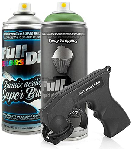 AutoFullCar - Pack Full Dip Bicicleta - 2 Spray (Color + Barniz Protector) - Vinilo Líquido FullDip - Cuadro Ruedas Bicicleta | Mountain Bike MTB (Verde Militar, Brillo)