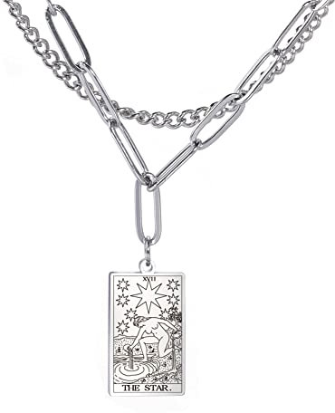 Amaxer Rider Waite Tarot Karte Halskette Retro Lucky Amulett Charm Anhänger Edelstahl Vintage Schmuck (XVII-The Star-Silver)
