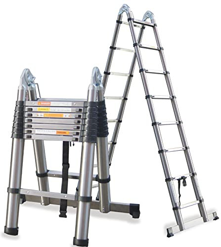 Retractable Ladder 5M 16.4FT with 330lb Load Capacity 16 Steps A-Frame Folding Extendable Multi-purpose Stainless Steel Ladder for Household Daily Office Home Garden Construction Site Use