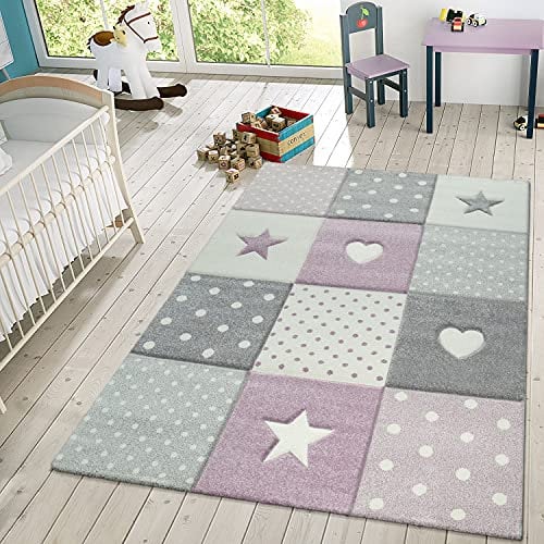TT Home Teppich Kinderzimmer Kinderteppich Sterne Herz Punkte Kurzflor Pastell, Farbe: Grau Lila Creme, Größe:160 cm Rund