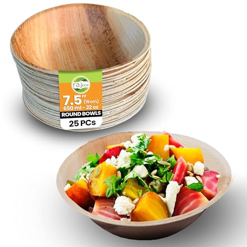 Raj Palm Leaf Round Bowls 7.5 (19cm) | 25 Pack | Heavy Duty Eco Bowl | Stronger than bamboo & paper. Compostable, biodegradable & perfect for weddings and events.