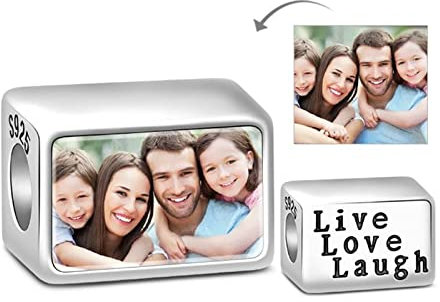 GNOCE Charm Foto Perle Charm Leben Liebe Lachen Rechteck 925er Sterling Silber Beads Perle Passt für Armband Personalisiertes Geschenk für Frauen