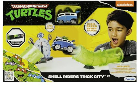 TEENAGE MUTANT Age 3+ NINJA TURTLES SHELL RIDERS TRICK CITY, Includes exclusive Leonardo diecast vehicle, dioramas and villains! AGE 3+