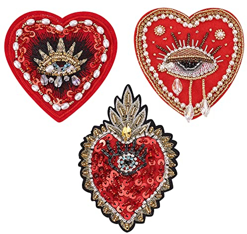 INFUNLY Evil Eyes Heart Beaded Patches Rhinestone Applique Patches 3 Style Sequin Applique Sew on Crystal Heart Patch for Clothing Jeans Jackets Handbag Shoes DIY Decor