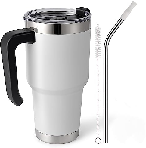 EQARD Thermobecher mit Strohhalm und Henkel Trinkbecher mit Deckel Kaffeebecher to Go Spritzfestem Deckel Rohrbürste Edelstahl Becher für Heißer Kalter Getränke BPA Frei