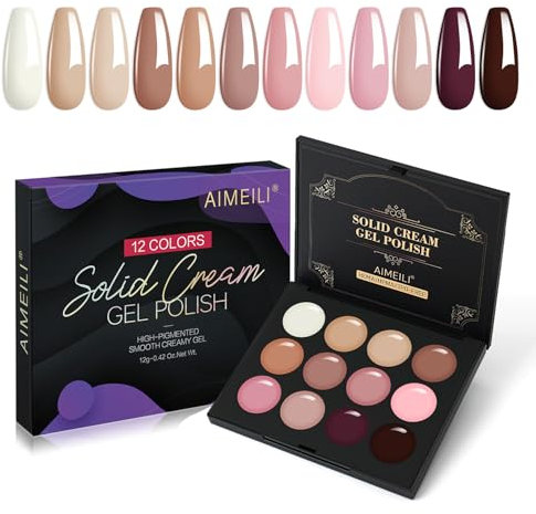 AIMEILI 12 Colors Solid Gel Nail Polish Set, Neutral Nude, Brown, Pink, White, Pudding, UV LED Soak Off Art Kit, DIY at Home Manicure Kit