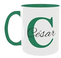 C&P Taza Personalizada blanco brillo con asa e interior color, con Inicial y Nombre de cerámica 350 ML (VERDE)