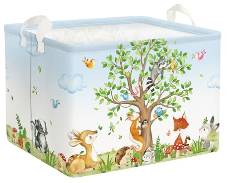 Clastyle 36L Groß Grün Wald Tiere Kinder Aufbewahrungskorb mit Henkel Eichhörnchen Fuchs Rechteckig Spielzeug Kleidung Aufbewahrungsbox für Kinderzimmer Bad