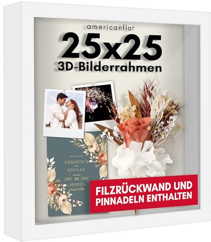 Americanflat 3D-Bilderrahmen zum Befüllen - 25x25 cm - tiefer Objektrahmen mit weichem Leinentuch als Rückwand - MDF-Holzrahmen mit bruchsicherer Scheibe und Aufhängung für die Wand - Weiß