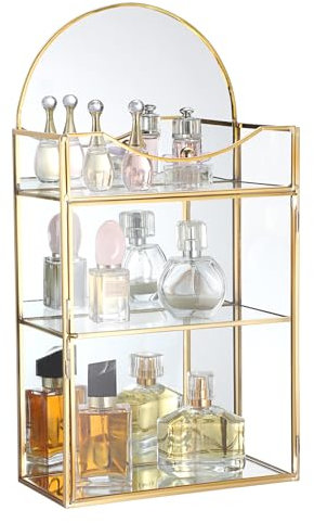 SUMTree Caja de almacenamiento de cristal de metal dorado con 3 ranuras para joyas, maquillaje, organizador con parte superior de cúpula