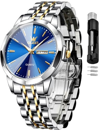 OLEVS Herrenuhr Luxus Business Dress Uhr UK Diamant Design Quarz Edelstahl Wasserdicht Leuchtende Woche Kalender Geschenk, 3615: Silber und Blau, Armband