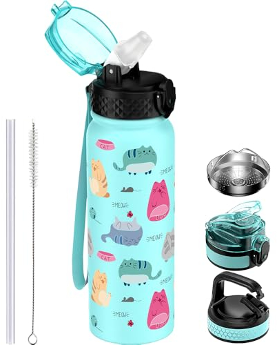 GOPPUS 600ml/20oz Edelstahl Wasserflasche mit Strohhalm Trinkflasche Sport Thermosflasche Auslaufsicher Flasche Water Bottle with Straw Thermoflasche Geeignet BPA-frei Trinkflasche