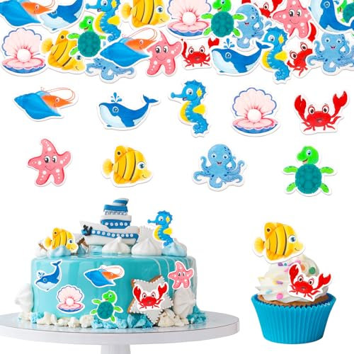 GoldRock Essbare Tortendeko Meerestiere,56 Stk Unterwasserwelt Cake Topper Meerestiere Deko Torte,Schildkröte,Fische,Seepferdchen Deko Kuchen,Esspapier Tortendeko Meer, Ozean Themen Muffin Deko Essbar