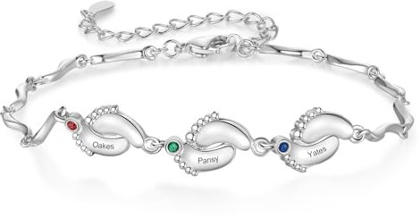 Personalisiertes Damen Armbänder mit Name Geburtsstein Babyfüße Unendlichkeitsarmband Familienarmband Geschenk für Mama Ehefrau Oma Tochter Weihnachten Muttertag (3 Namen)