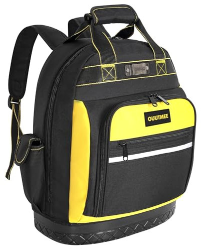 BQKOZFIN Tool Backpack, Heavy Duty Tool Backpack Bag with ABS Rubber Base, Multi-pockets Tools Organizer Bag with Padded Shoulder & Waist Strap for Electrician Construction Work (Yellow)
