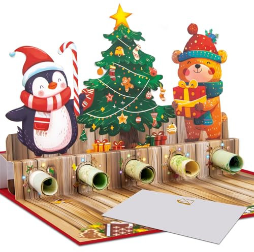 Magic Ants 3D Pop-Up Weihnachts-Geldgeschenk-Karte, Weihnachtsbaum mit Pinguin & Bär, Geldgeschenk Karte Weihnachten, mit Geldfach, lustige Weihnachtskarte für Kinder & Erwachsene, mit Umschlag