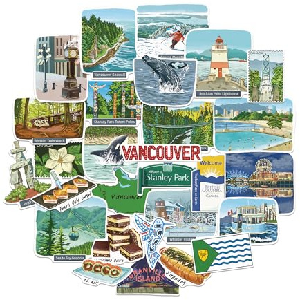 Navy Peony Vibrant Vancouver Travel Stickers (28pcs) - Hand-Illustrated, Gouache Style, Outdoor Canada-Themed Decals for Journals, Scrapbooks, Laptop