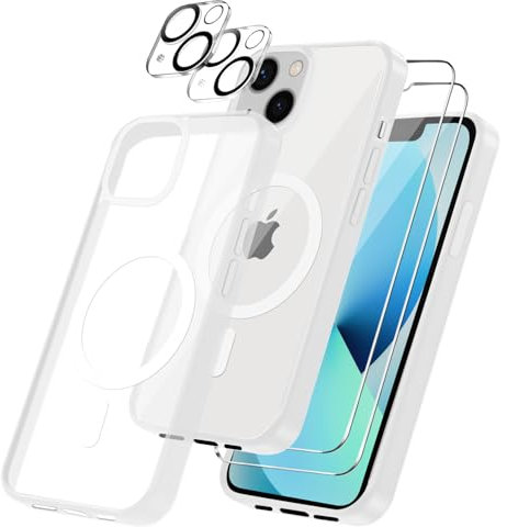 Cover per iPhone 13 Compatibile con 2 vetri temperati e 2 vetri per fotocamera, Translucent Matte Slim Back PC+TPU Bumper Shockproof Compatible Magnetic Cover per iPhone 13 - Trasparente Opaco