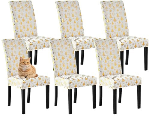 Highdi Weihnachten Stuhlhussen 1er/2er/4er/6er Set Stretch Stuhlbezug Gold Weihnachtsbaum Dekoration Stuhlüberzug Waschbar Universal für Esszimmer Hotel Bankett Weihnachtsdeko (6er Set,Weiß 2)