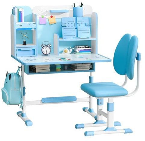 RRXIMHTT Kinder-Funktions-Schreibtisch-Stuhl-Set, höhenverstellbarer Kinder-Schul-Schreibtisch mit Burglehne, erweitertem Schreib, Buchständer und Speicherschublade (Blue-H)