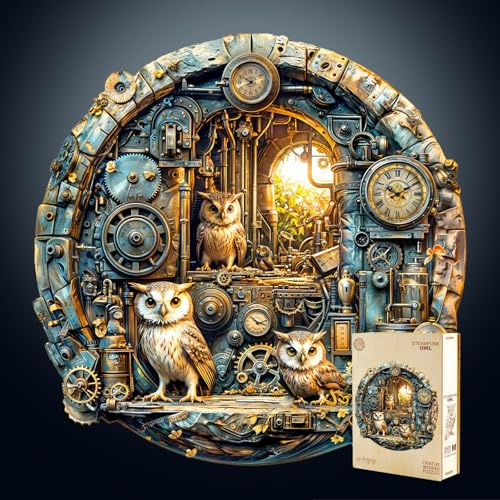 KaayeeWood Holzpuzzle Erwachsene,200 Teile Steampunk-Eule Holzpuzzle | Unregelmäßige Einzigartige Tierform Wooden Puzzle, Exquisite Geburtstagsgeschenk für Erwachsene(M,29 *28.9 cm)