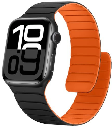 Sixmoat Cinturino Magnetico in Silicone Compatibile con Apple Watch 42mm(Series 11/10) 41mm 40mm 38mm per Uomo e Donna, Cinturini Sportivo e Leggero per SE Series 11 10 9 8 7 6 5 4 3, Nero-Arancione