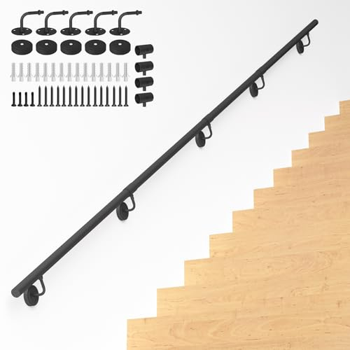 365cm Corrimano di metallo industriale,parapetti a tubi rotondi per gradini interni/esterni,rotaie di sostegno per l’assemblaggio di muri,capacità di carico di 200KG,per donne incinte,anziani,disabili