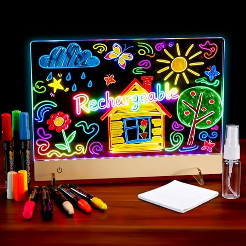 Rechargeable LED Drawing Board for Kids,Acrylic Light Up Drawing Board, LED Note Board with Colors,Light Up Dry Erase Board,Clear Glow Doodle Board with Stand for Girls Birthday Gift