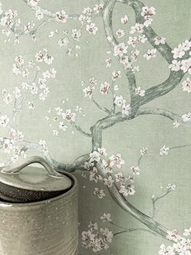 Newroom Vliestapete Grün Kirschblüten Floral Tapete Wohnzimmer | matte Leinenstruktur, weiße Blütenzweige, Salbeigrün Japandi Landhausstil, Mustertapete Wandtapete, Schlafzimmer Küche