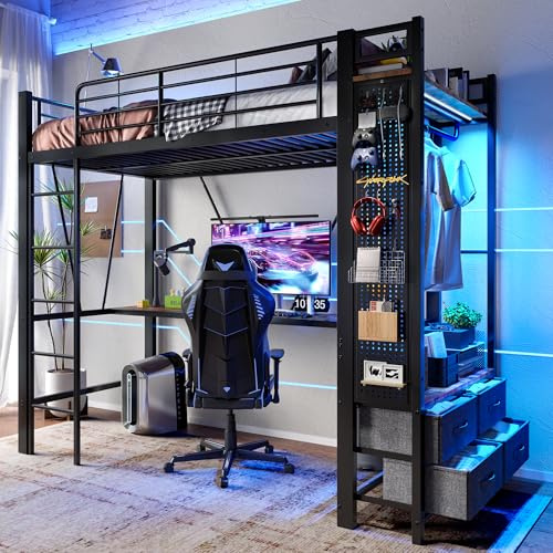 Dolamaní Hochbett 90 x 200 cm, Höhe 180 cm Metall Bettgestell Einzelbett mit Schreibtisch, Stauraum Schubladen, Trockenstab, Einlegeböden & Lochbrett, LED & USB Funktionsbett (Schwarz B)