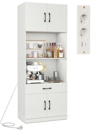 GIANTEX Küchenschrank mit Ladestation, Buffetschrank mit Steckdosen & Type C- & USB-Anschlüsse, Küchenbuffet Hochschrank mit Arbeitsplatte & Schublade & verstellbaren Regal, Vorratsschrank 65x38x168cm