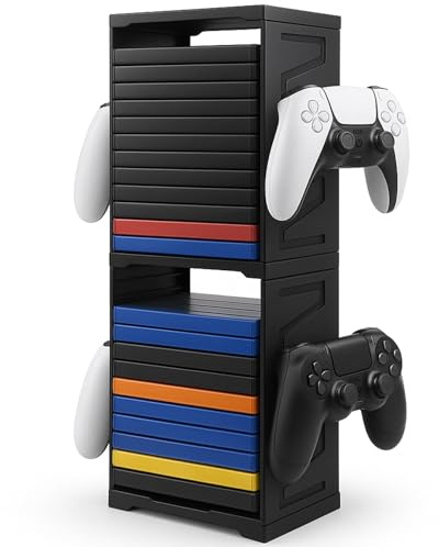 WinHUb Supporto a torre di archiviazione per giochi per PS5, PS4, Xbox Series X/S, Xbox One, Switch e dischi Blu-Ray - Rack organizer per 24 dischi con controller e ganci per cuffie, salvaspazio