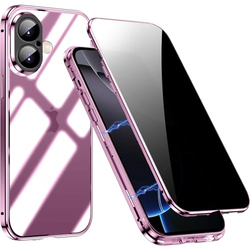 for iPhone 16 Plus Privacy Case,Magnetic Adsorption Cover,Metal Bumper,Anti-Peepining Tempered Glass Screen Protector,iPhone 16 Plus Shockproof Full Body Case,Pink