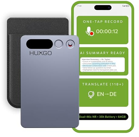 HUXGO® AI Diktiergerät 64GB – Dual-Mikrofon Rauschunterdrückung – 35 h Akku, Bluetooth 5.3 – App mit Transkription & Übersetzung (118+ Sprachen) – Voice Recorder mit Schreibfunktion