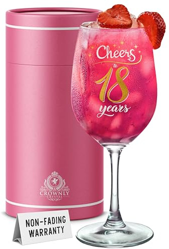 CROWNLY CRYSTAL Copa Vino Cristal Regalo Personalizado Mujer 18 Años Cheers To 18 Years Cumpleaños Mujer Aniversario Brindis Elegante Copa Para Vino Cava Y Cócteles Recuerdo Especial